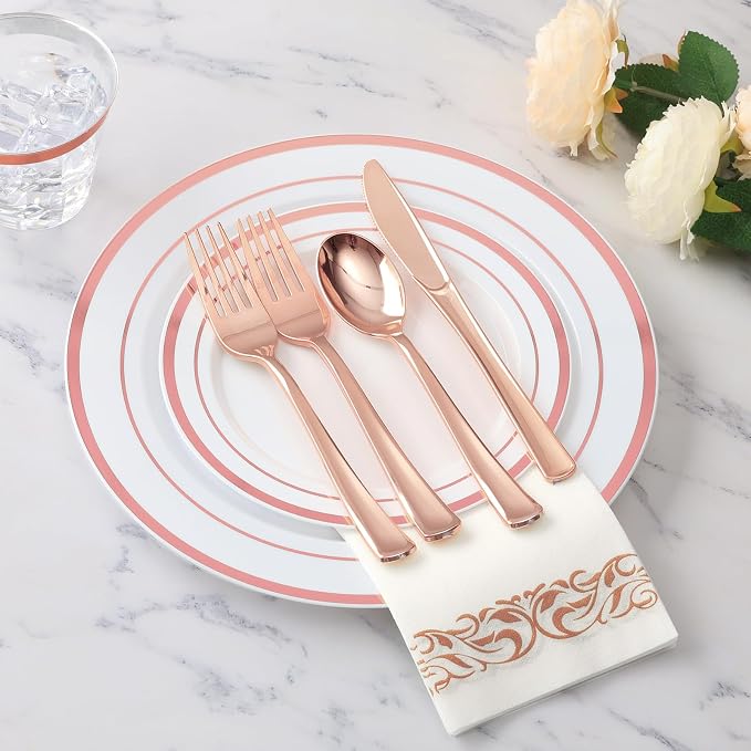 Goodluck 350 Pieces Rose Gold Dinnerware Set for 50 Guests, Plastic Plates Disposable for Party, Include: 50 Dinner Plates, 50 Dessert Plates, 50 Paper Napkins, 50 Cups, 50 Silverware Set