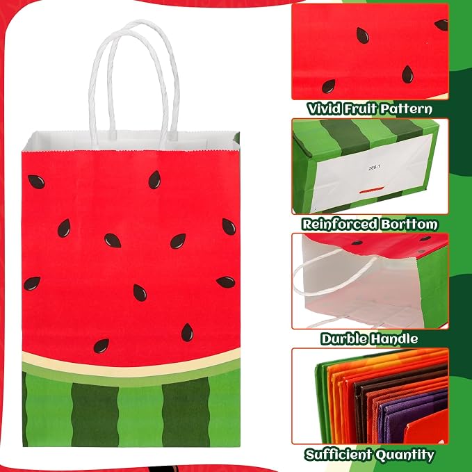 Outus 24 Pcs Summer Fruit Party Favors Bags Fruit Goodie Gift Paper Bag with Handles Tutti Frutti Strawberry Watermelon Candy Treat Tote Pouch for Summer Party Birthday Baby Shower Decoration Supplies