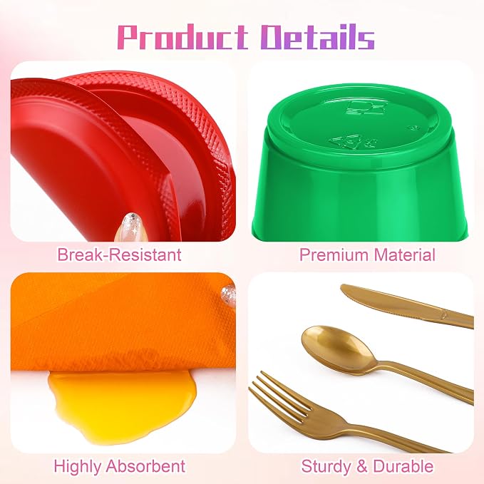 Aodaer 400 Pieces Colorful Dinnerware Set, Disposable Party Supplies Include 7/9 Inch Yellow Red Plastic Plates Green Cups Cutlery Napkins for Rainbow Birthday Party Decor, Serve 50 Guest