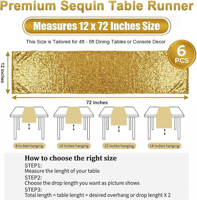 6 Pack Gold Sequin Table Runner 12 x 72 Inch, High Density Sparkly Glitter Table Runners for Wedding Reception, Birthday Party, Baby Shower, Shimmering Gold Decor