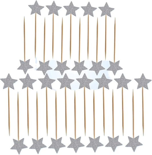 Cupcake Toppers 150 Pcs Cake Insert Cupcake Topper Star Glitter Pentagram Decorations Birthday Party Snack Supplies Gold Silver Cake Decorating(Silver)