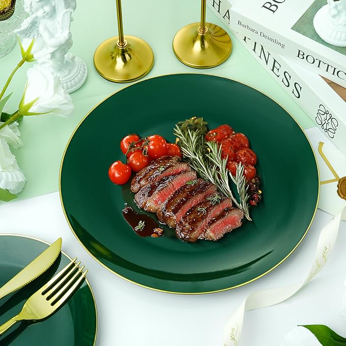 350 Pieces Green Gold Plastic Dinnerware Set, Gold Disposable Plates for Party, Include 100 Green Plates with 150 Plastic Cutlery, 50 Napkins and 50 Cups