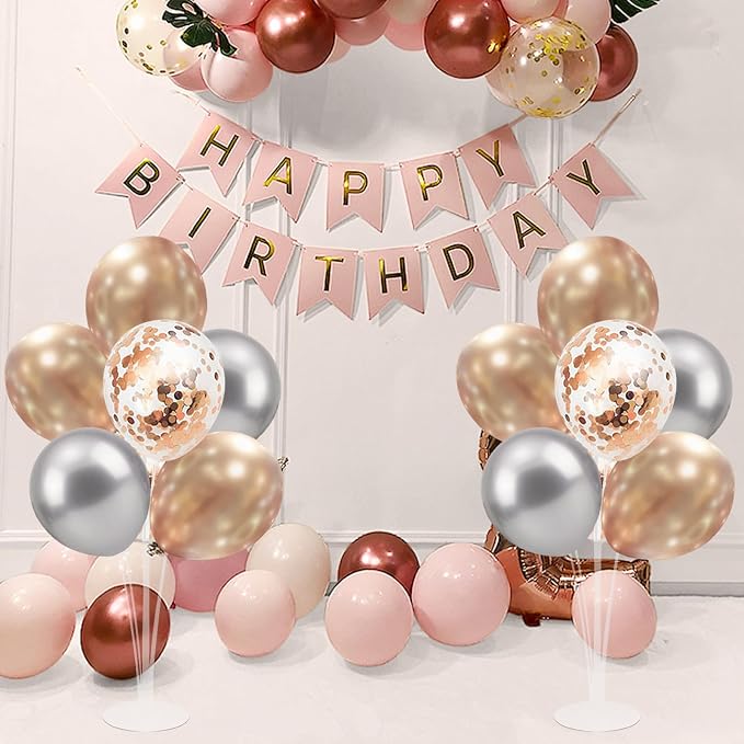 4 Set Balloon Stand with Champagne Silver Balloons and Pump | For Birthday Bridal Shower Wedding Engagement Anniversary Retirement Mother's Day New Years Party Supplies
