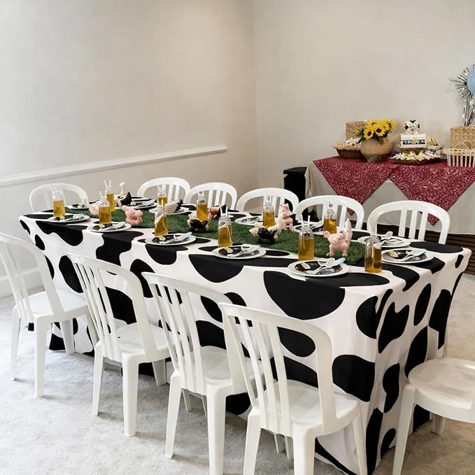 Frienda 2 Pcs Cow Pattern Tablecloth Stretch Spandex Black and White Cow Pattern Table Cover 71 x 30'' Rectangle Tablecloth for Farm Animal Themed Birthday Baby Shower Party Decorations