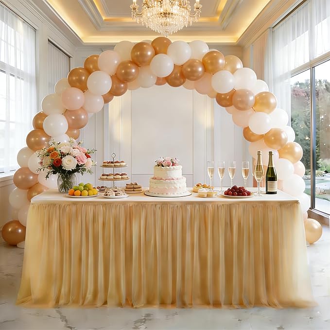 Champagne 2-in-1 Stretch Tulle Table Cover & Skirt – Fits 8ft Rectangular Tables, Perfect for Baby Shower, Bridal, Birthday & Princess Parties (1 Pack)