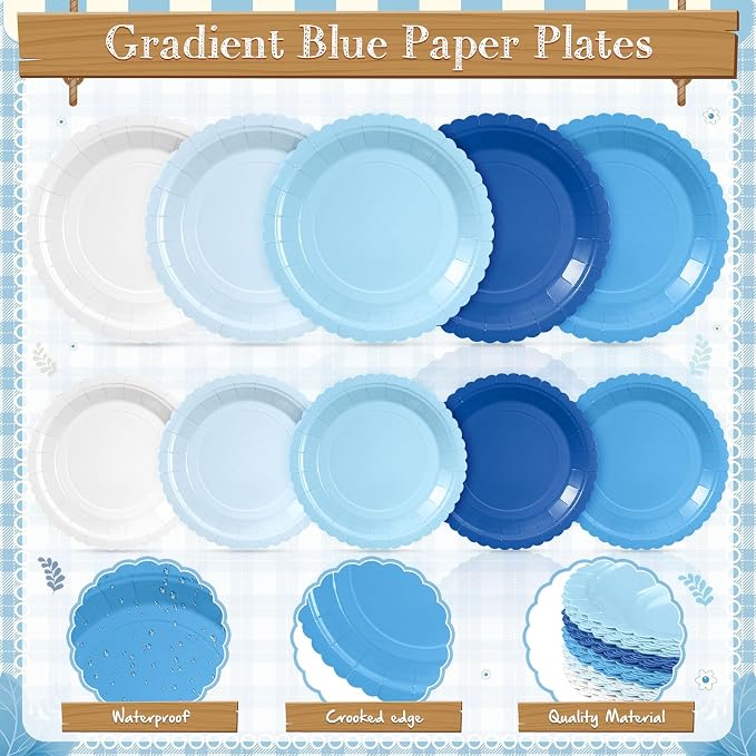 Zhehao 175 Pcs Blue Party Supplies Set Blue Disposable Tableware Kit with Plates, Cups, Napkins, Cutlery Ocean Sea for Shark Pool Baby Shower, Birthday, Wedding Forest Events