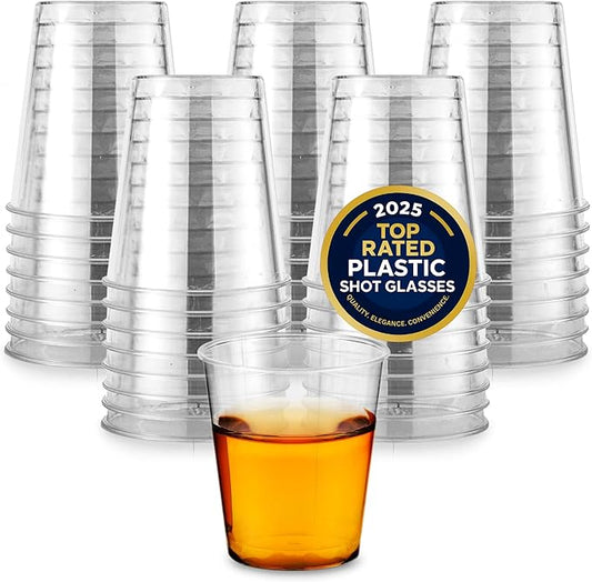 1.5 oz Shot Glasses - 100 Mini Plastic Shot Glasses (1.5oz) Clear Disposable Cups for Jello Shots, Wine Tasting, Liquor, Whiskey, Pudding, Sample Cup for Halloween and Elegant Partiest