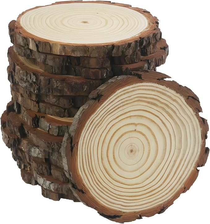 Natural Wood Tree Slice Centerpiece, Round, 7-8 Inches, 10 Pack, Rustic Wedding Party Decor