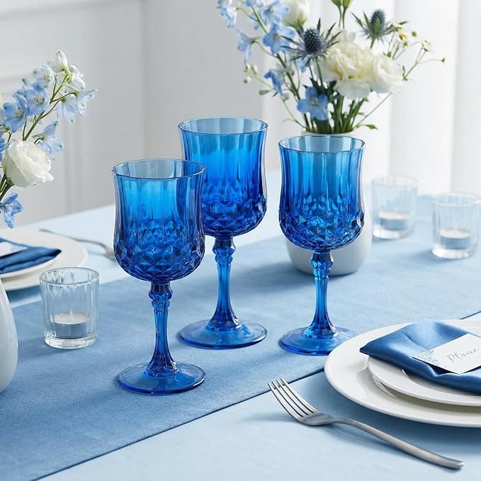 Pinkunn 50 Pcs 7 oz Plastic Vintage Wine Glasses Reusable Colored Goblets Patterned Drinking Water Glasses Cup Dishwasher Safe for Mother's Day Wedding Reception Party Supplies (Dark Blue)