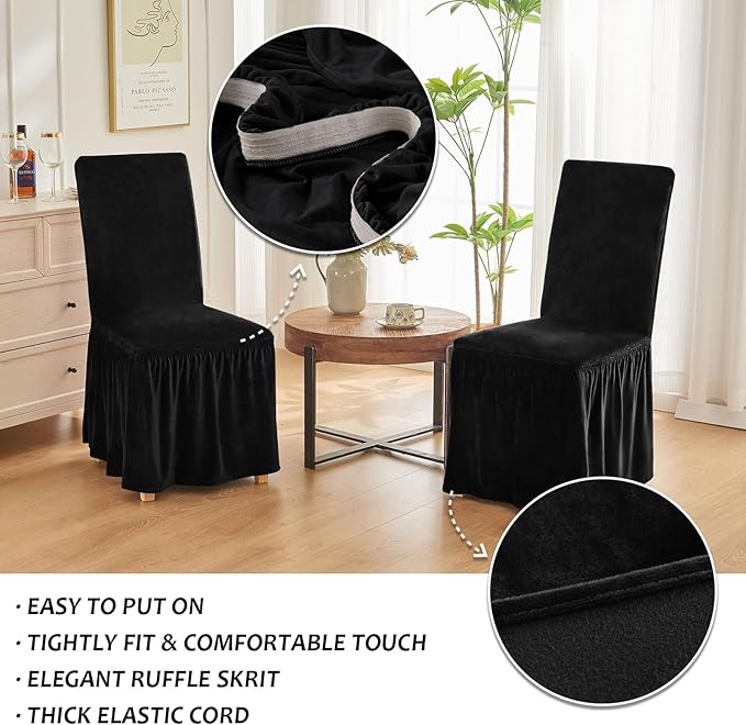 NICEEC Spandex Chair Covers for Dining Chairs Covers Set of 2 Removable Dining Room Chair Covers with Skirt Parson Chair Slipcovers Washable Chair Protector for Kitchen Wedding Party Banquet(Black)