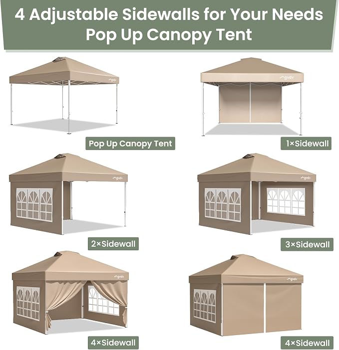 GVDV 10x10 Pop Up Canopy Tent with 4 Sidewalls, Beach Tent with One Push Setup, Outdoor Sun Shade for Events, Parties, Camping - Gazebo with Wheelbag, Khaki, CP23 B