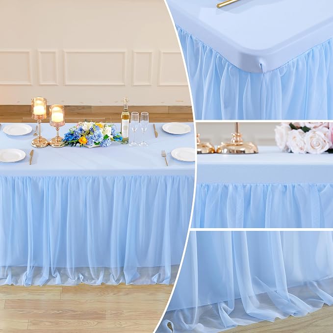 Suppromo Baby Blue Tulle Tablecloth for 4 Foot Rectangular Tables, 48 x 24 Inch White Rectangle Table Cloth, Wrinkle Free Table Cover with Tutu Skirt for Wedding Birthday Party Banquet Tablecover