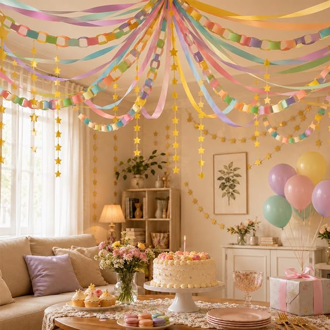 succulentlovers 360 Sheets Colorful Paper Chains Strips, 52 ft Gold Star Garland with 492 ft Crepe Streamer, Fancy Birthday Party Decorations Include Balloon Fringe Curtain for DIY Hanging Decor