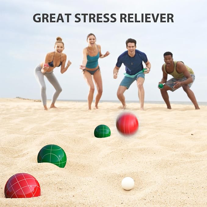 100mm Bocce Ball Set Regulation Size and Weight with 8 Resin Bochie Balls, Pallino, Carrying Bag, Measuring Rope, Gift for Family Backyard Lawn Yard Beach Bocci Games (Multi Colors, 2-8 Players)