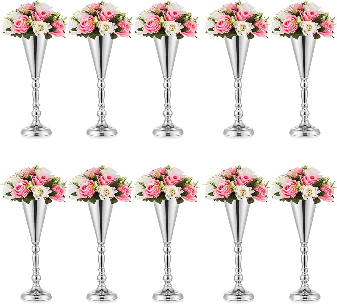 Sliver Vase Centerpiece Table Decorations - 10 Pcs Metal Tabletop Flower Stand, Wedding Decorations for Reception, 16.5in Trumpet Tall Flower Vase for Birthday, Weddings, Anniversary, Home Decor