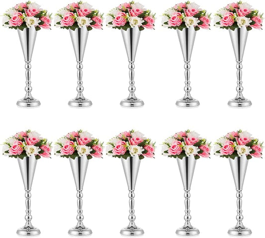 Sliver Vase Centerpiece Table Decorations - 10 Pcs Metal Tabletop Flower Stand, Wedding Decorations for Reception, 16.5in Trumpet Tall Flower Vase for Birthday, Weddings, Anniversary, Home Decor