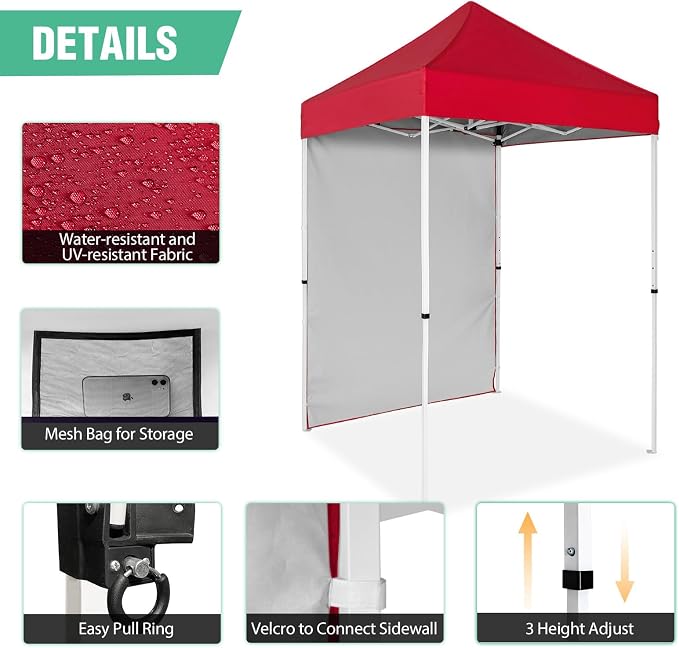5x5 Pop Up Canopy Tent with One Sidewall, Instant Portable Beach Canopy, Outdoor Tent with Carry Bag for Camping, Sports, Tailgating, Events, Red