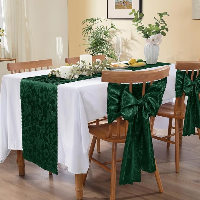 MILVOWOC 12 Pack Emerald Green Satin Table Runner, 12 x 72 Inch Jacquard Damask Table Runner Rectangle Bright Silky Decorative Table Runner for Party Banquet Birthday Dinner Wedding Table Decor
