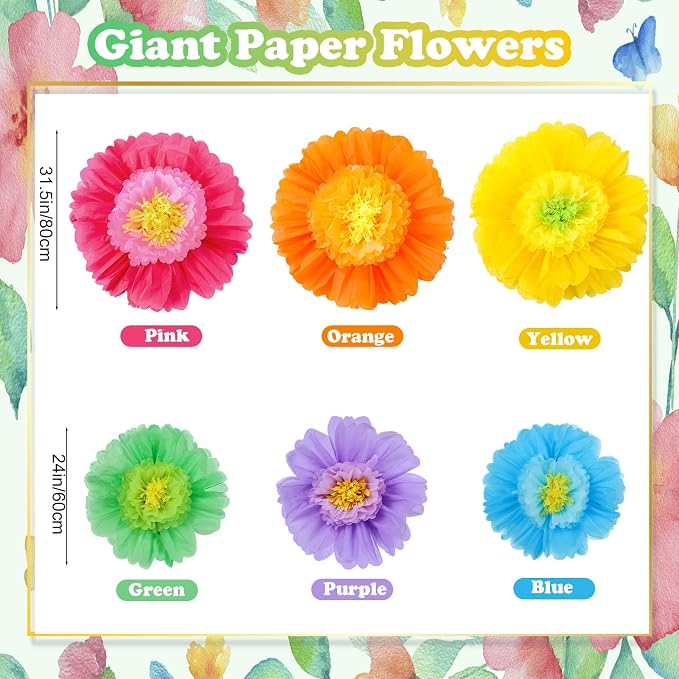 Giegxin 6 Pcs 31.5", 24" Colorful Giant Paper Flower Mexican Large Tissue Paper Flower for Wall Big Fiesta Crepe Floral Decorations for Wall Mexican Wedding Bridal Shower Baby Shower Nursery Decor