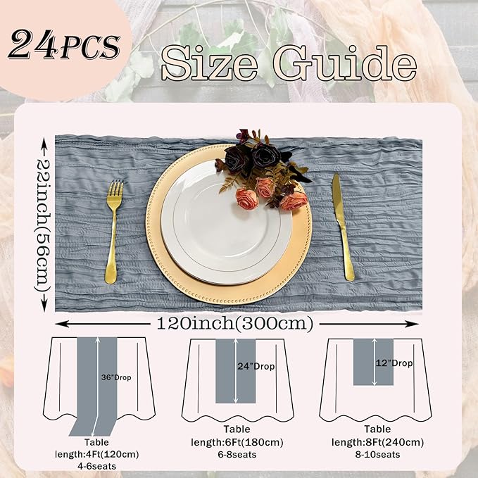 24 Pack Dusty Blue Cheesecloth Table Runner 22x120 Inch-Naturally Dyed Colors Sheer Gauze Cheese Cloth Wedding Table Runner,Rustic Boho Crinkle Fabric, Reception, Bridal Shower,Farmhouse Dining Decor