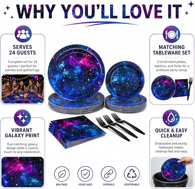 Space Galaxy Party Supplies Tableware Set Outer Space Birthday Party Decorations Starry Night Planet Solar System Paper Plates Napkins Forks for 24 Guests