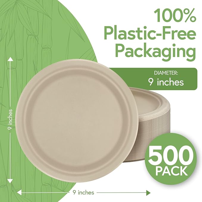 Bamboo Compostable Dinner Plates (500-Pack, 9-inch) | Sturdy & Microwave Safe | Heavy Duty Plates Disposable | PFAS Free, Biodegradable | FSC Certified Alternative to Plastic