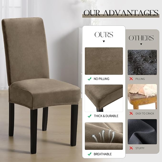 MOSAYT Velvet Stretch Chair Covers for Dining Room Set of 6 - Soft Slipcovers with Thick Removable Fabric for Parsons Chairs, Washable Seat Protectors for Kitchen, Banquet & Home Decor, Taupe