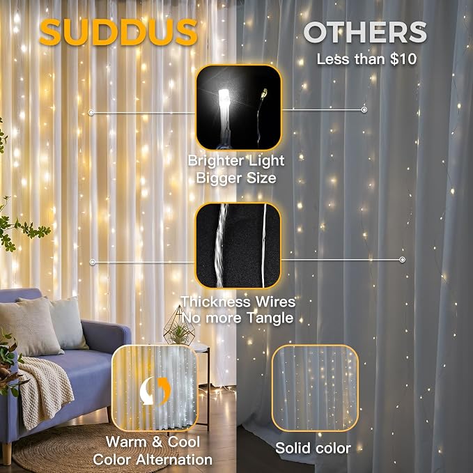 suddus Color Changing Curtain Lights, 200 Led Hanging Lights Outdoor, Fairy Curtain Lights Indoor for Christmas, Dorm, Wall, Backdrop, Window, Wedding, Party, Birthday Decor, Warm White & White
