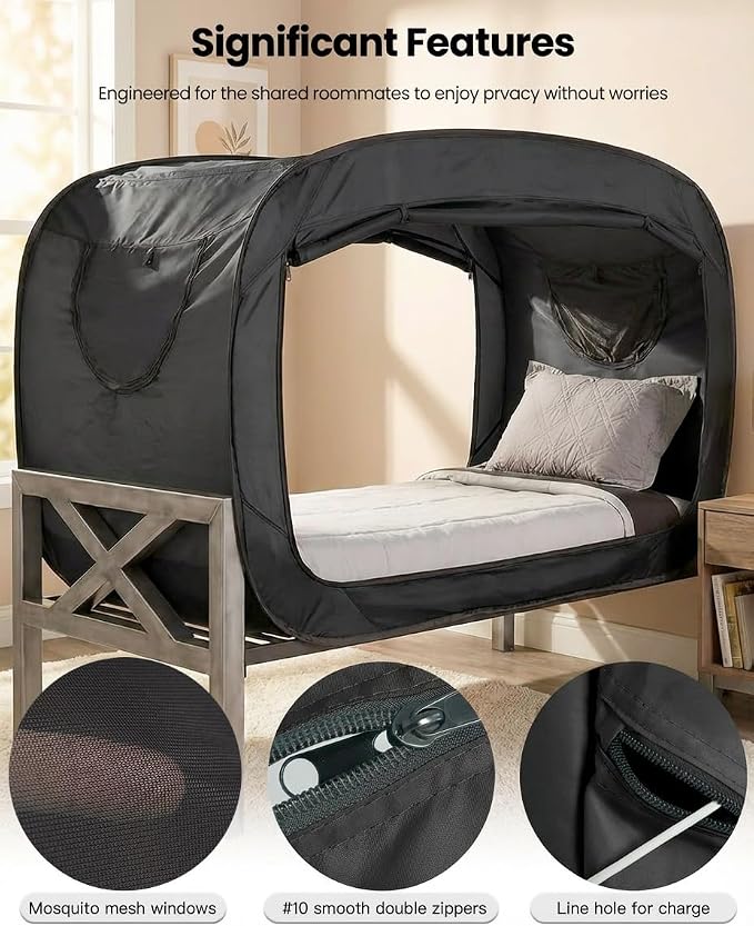 ANC POP Bed Tent Twin Bed Canopy Portable Dream Tent for Adult Indoor Sleeping Tents with 2 Doors Breathable Private Space Tents, Black