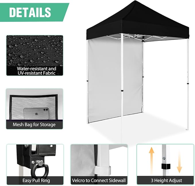 5x5 Pop Up Canopy Tent with One Sidewall, Instant Portable Beach Canopy, Outdoor Tent with Carry Bag for Camping, Sports, Tailgating, Events, Black