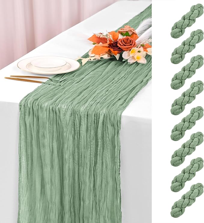 8 Pack Sage Green Cheesecloth Table Runner 120 Inch 10FT Spring Boho Rustic Sheer Gauze Cheese Cloth Table Runner for Wedding Baby Shower Birthday Party Table Decor