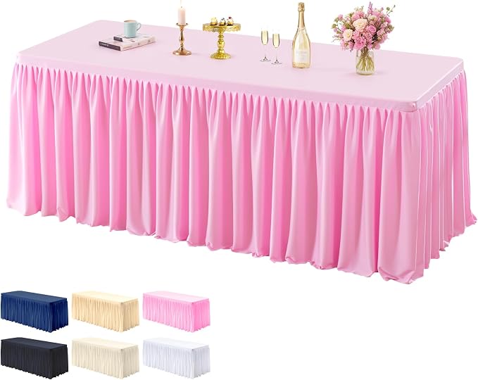 PARTISKY 1 Pack Pink Tablecloths for Rectangle Tables 8ft, Wrinkle Resistant Pink Tablecover Fitted Stretch Table Cloth with Pleated Ruffle Table Skirts for Party Banquet Dining Birthday Wedding