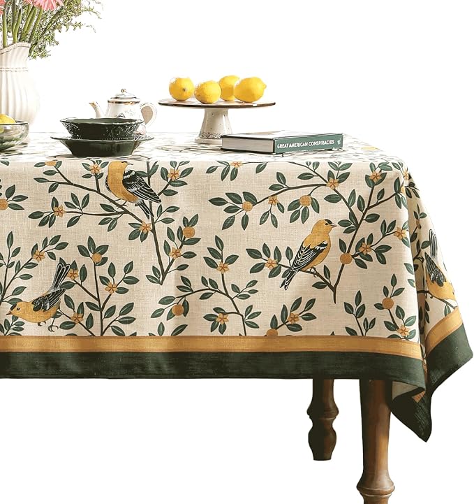 patdrea Designer French Linen Tablecloth,Rectangular,87"x55"-Warbler A | Vintage Table Cloth for Rectangle Table,Yellow and Green Floral Pattern,Dining Room Tea Party Thanksgiving Decor