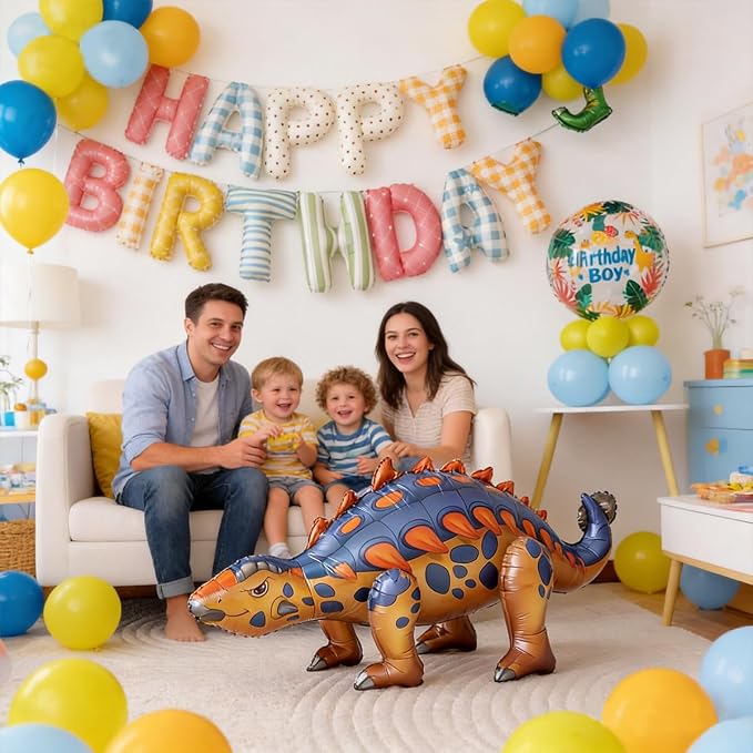 60 PCS Dinosaur Happy Birthday Foil Balloon Decoration Kit, T-Rex, Triceratops, Ankylosaurus Assembleable Inflatable Standing Mylar Balloons with Birthday Banner for Kids Boys Party Decor