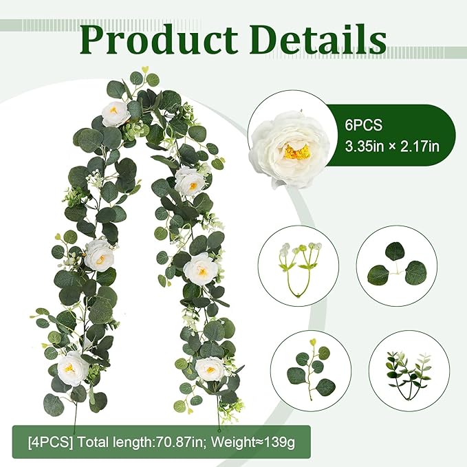 4-Pack Artificial Eucalyptus Garland with Flowers, Total 23.6FT 24 White Roses Baby's Breath Garland Floral Greenery for Wedding Party Centerpiece Table Runner Backdrop Wall Decor