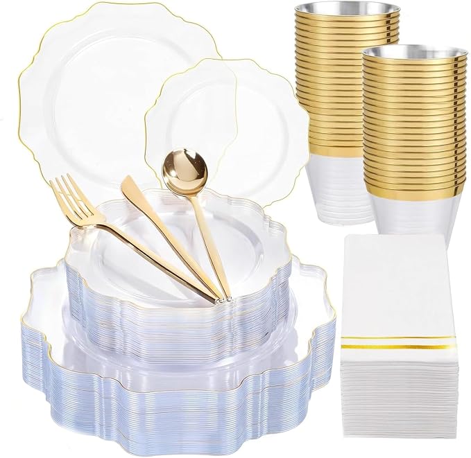 WDF 350Pcs Clear and Gold Plastic Plates - Heavy Duty Clear Plates Disposable - Gold Dinnerware Sets of 100 Plastic Plate 150Silverware 50 Cups 50 Napkins for Wedding Baby Shower Spring