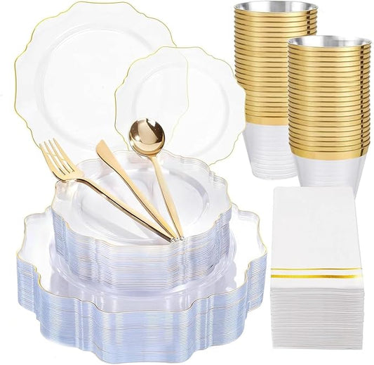 WDF 350Pcs Clear and Gold Plastic Plates - Heavy Duty Clear Plates Disposable - Gold Dinnerware Sets of 100 Plastic Plate 150Silverware 50 Cups 50 Napkins for Wedding Baby Shower Spring