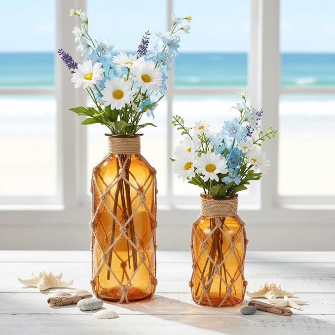Chuangdi Set of 2 Coastal Glass Vases for Flowers TSITP Flower Vase with Boho Rope Small Sea Glass Jar Nautical Beach Bottle for Wedding Table Centerpieces Floral Arrangement Decor(Amber)