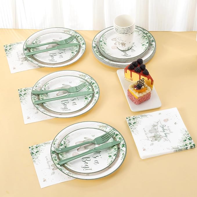 Sage Green Baby Shower Decorations Boy,A Sweet Baby Boy is on His Way Woodland Theme Party Supplies It's a Boe Tableware Set Serves 24 Guests includes Disposable Plates Cups Napkins and Cutlery