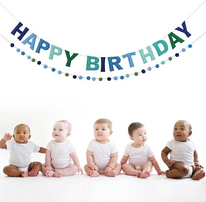 2 PCS Pre-Strung 3D Felt Happy Birthday Banner - Reusable Blue and Green Happy birthday Decorations Sign,Handmade Wool Felt Ball Garland, Pom Pom Garland, Party Decor, Photo Prop