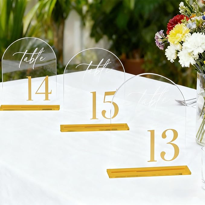 Clear Arch Acrylic Wedding Table Numbers 1-15 with Stands, 5.5"x7" Arched Acrylic Wedding Seating Chart Signs with Gold Mirror Numbers, Table Number Holders for Anniversary, Event, Party Wedding Set