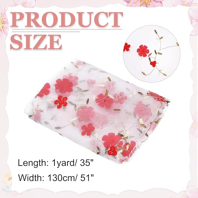 MECCANIXITY 1 Yard Tulle Fabric 35"x51" 3D Flower Embroidery Mesh Lace Fabric for DIY Handmade Clothing Wedding Dress Skirt Home Curtain Decoration, Red White