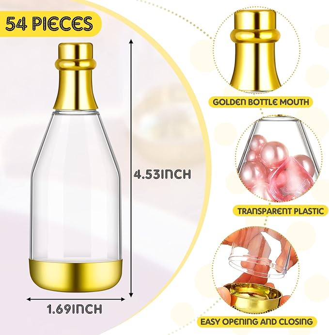 Cunhill 54 Pieces Champagne Candy Bottles Bridal Shower Favors Mini Bottle for Baby Shower Bulk Small Plastic Wine Alcohol Containers for Wedding Birthday Party(Gold)