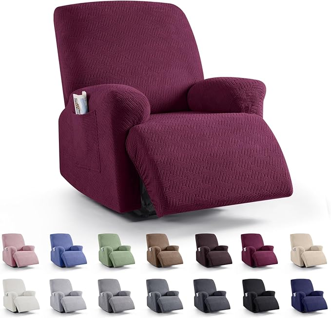 KinCam Recliner Covers, Stretch Reclining Chair Covers, Recliner Sofa Slipcovers Stripe Jacquard Recliner Couch Covers Furniture Protector Covers (1 XL Seater, Burgundy)