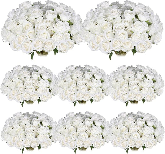100 Pcs Artificial Silk Roses Flowers Bulk Realistic Long Stem Faux Flower Bouquet for Wedding Centerpieces, Valentine's Day Decor, Home Arrangements, Table Decorations(White)