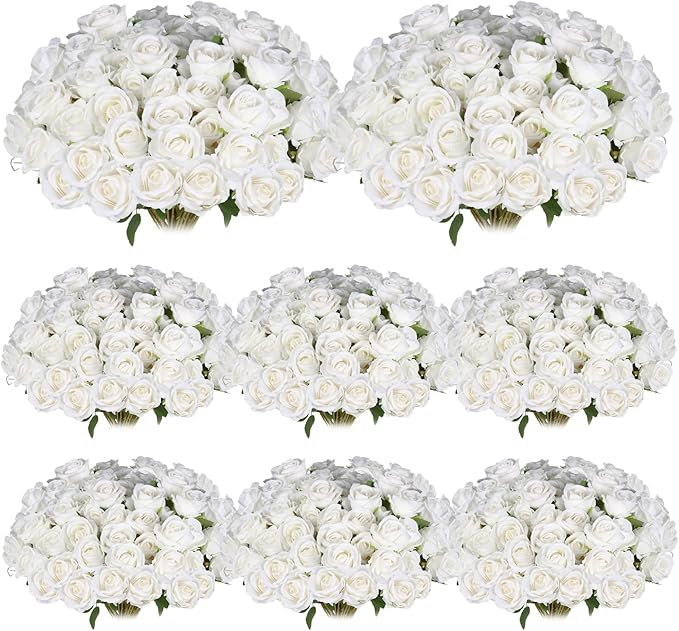 50 Pcs Artificial Silk Roses Flowers Bulk Realistic Long Stem Faux Flower Bouquet for Wedding Centerpieces, Valentine's Day Decor, Home Arrangements, Table Decorations(White)
