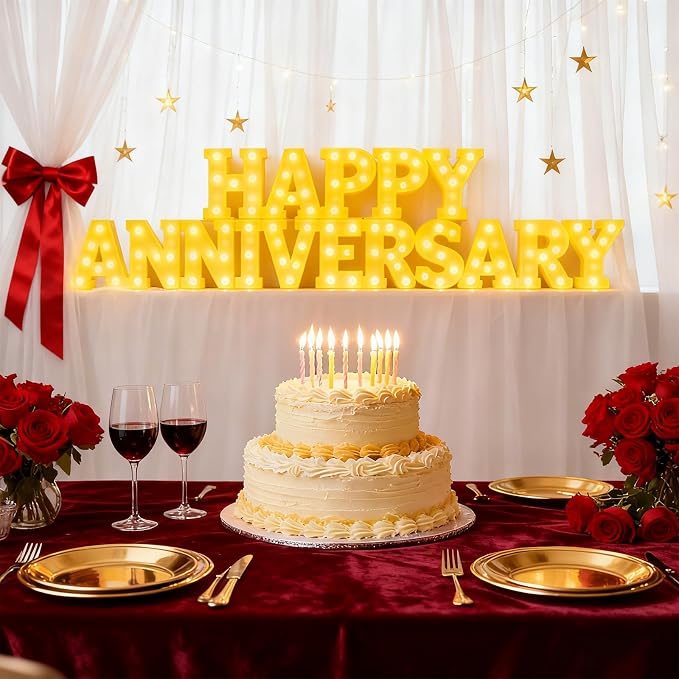 Honoson 16 Pcs Happy Anniversary Decoration Light up Letters Sign Wedding Anniversary Party Light LED Neon Table Decoration for Wedding Romantic Party Decor 32 (Aaa Batteries Are Required)