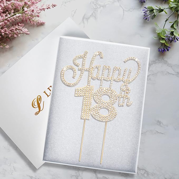 LINGTEER Happy 18th Birthday Gold Rhinestone Cake Topper - Cheers to 18th Birthday Eighteen Years Old Party Cake Centerpieces Topper Decorations Gift Sign.