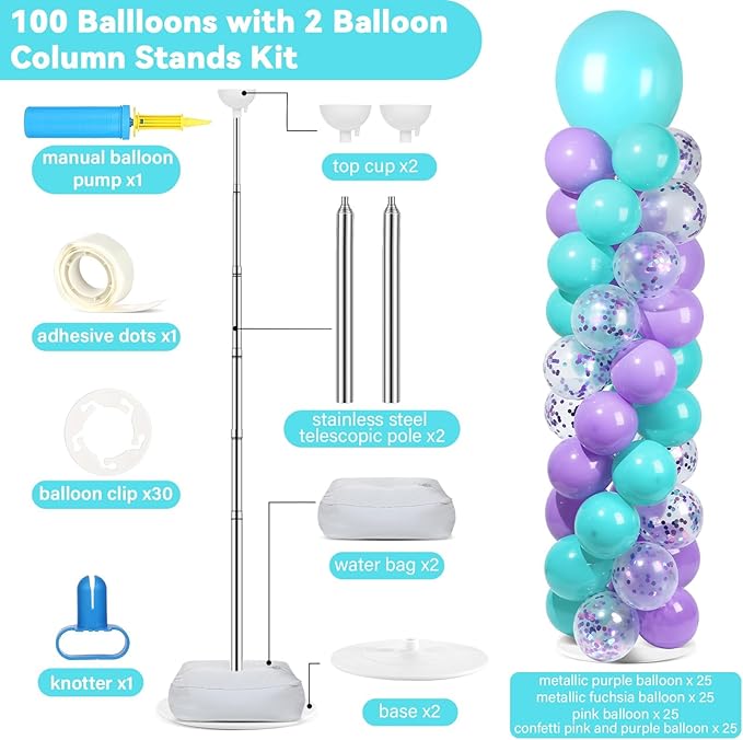 2 Sets Pink Purple Blue Balloon Column Stand Kit with 100 Balloons Adjustable Balloon Tower Stand with Bases for Floor Confetti Balloons Column Kit for Summer Mermaid Graduation Birthday Party Decor
