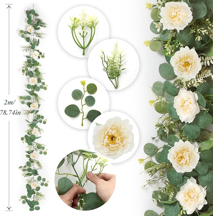 DEMIUKO 4PCS 6.56Ft Artificial Eucalyptus Flower Garland Fake Peony Flower Vine Faux Eucalyptus Leaves Greenery Garlands Spring Garland for Wedding Party Centerpiece Arch Table Runner Backdrop Decor
